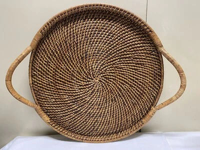 PAMPERED CHEF WOVEN SELECTIONS WICKER RATTAN 17” ROUND SERVING TRAY W/HANDLES - Image 1 of 4