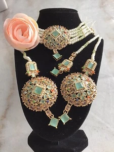 Indian /Pakistani Fashion Designer Jewelry AD Necklace Earring Tikka Set Pearls - Picture 1 of 5