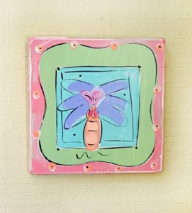 VINTAGE WOOD WALL ART TROPICAL PALM TREE PLAQUE PICTURE BY WENDY MCKINNEY PINK - Picture 1 of 2