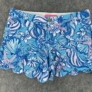 Lilly Pulitzer Buttercup Shorts Womens 6 Blue Pink Floral Scallop Hem Beach - Picture 1 of 13