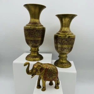 Messing Vase Elefant 3-teiliges Set geätzt - Bild 1 von 7