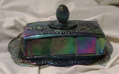 VTG Harvest Grape Butter Dish W/Lid Indiana Glass Blue Iridescent Carnival Glass - Image 1 of 4