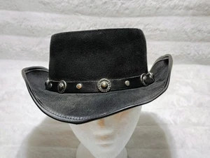 VTG Black Leather/Suade Cowboy Western Steampunk Hat~Winfield Cover Co~Sz L - Picture 1 of 10