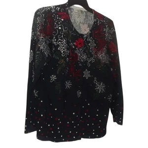 Christopher & Banks Cardigan Size Large Blue Snowflakes Holiday Poinsettia - Picture 1 of 6