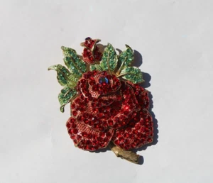 Vintage Janus Rhinestone Crystal Red Rose Brooch Pendant Large - Picture 1 of 5