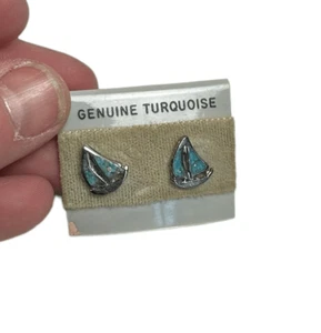 Genuine turquoise and silver sailboat earrings - studs - Picture 1 of 5
