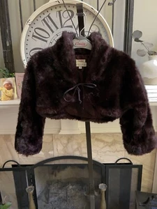 HELENA for NEIMAN MARCUS girls faux fur cropped Bolero jacket in wine sz 5 youth - Picture 1 of 7