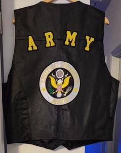 USA Leather Mens Black Army Sleeveless V-Neck Button Motorcycle Vest Size XXXL - Picture 1 of 8