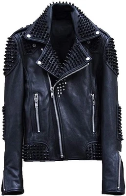 Men’s Custom Black Studded Leather Biker Jacket – Extreme Spiked Punk Rock Moto - Image 1 of 4