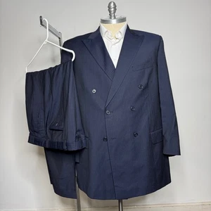 TALLIA UOMO Mens 46L 42W Blue Pinstripe Double Breasted Super 100s Wool Suit - Picture 1 of 12