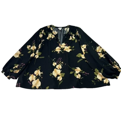 Blusa Top Para Mujer Ava & Viv Talla Grande 3X Negra Floral Cuello en V Calado Popover Foto 1 de 4
