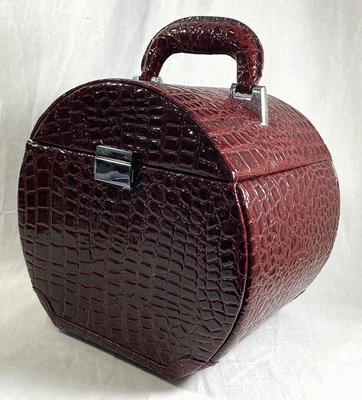 Faux Croc Finish Wine Color Jewelry Box Makeup Case 90’s  Velvet Lined 3 Levels - Image 1 of 4