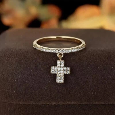 Round Cut Simulated Diamond Stunning Dangle Cross Ring In 14k Yellow Gold Plated - Image 1 of 4