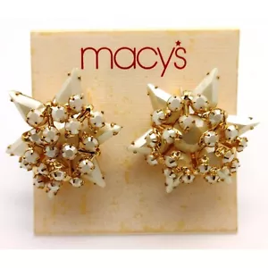 MACY'S Goldtone 6 Point Star Cluster Simulated Pearl Crystal Clip On Earrings - Picture 1 of 1