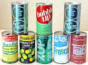 1970 Golden Age-TEEM-Bubble Up-Green River-Fresca-12 oz-Steel Soda-Pop (8) Cans - Picture 1 of 9