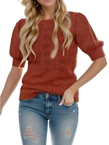 Women's Puff Short Sleeve Sweater Tops Crew Neck Crochet Knit Soft Pullover - Picture 1 of 14