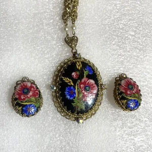Vintage Western Germany Sugar Glass Floral Necklace Earrings SET - Picture 1 of 9