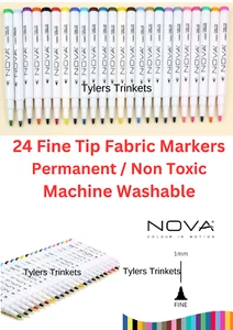 24 Fine Tip Fabric Markers Permanent Ink Machine Washable Non Toxic Brights - Picture 1 of 7