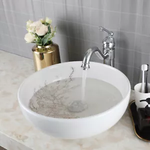 Bathroom White Ceramic Sink Round Chrome Single Handle&Hole Deck Mount Mixer Tap - Picture 1 of 15