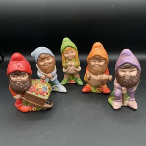 Vintage 70's Hobbyist Painted Ceramic Garden Mini Gnomes Elf Pixies - Set 5 - Picture 1 of 17