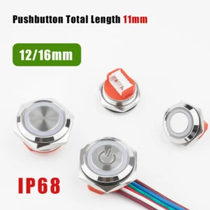 12/16mm Short Metal Pushbutton Switch LED Illuminated Momentary IP68 Waterproof - Picture 1 of 9