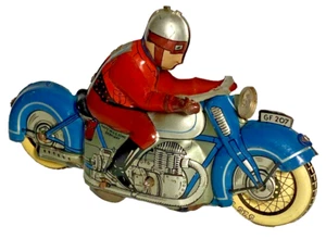 George Fischer GF 207 Tin Litho Windup Blue Motorcycle w/ Rider #12 Toy - Picture 1 of 8