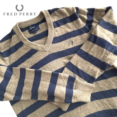 Fred Perry Mens Striped Lambswool Sweater Medium Blue Gray V-Neck Jumper Preppy - Image 1 of 4