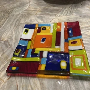 Retro Style Geometric Colorful Hand Made Art Fused Glass Square Bowl/Dish/Tray - Picture 1 of 3