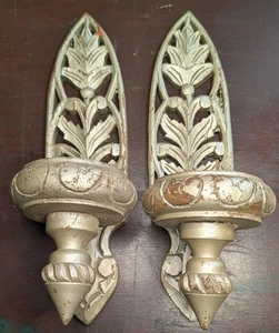Vintage Gothic Hand Carved Wooden, Candle Wall Sconce Holders, Repurpose  - Picture 1 of 11