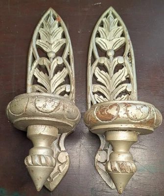 Vintage Gothic Hand Carved Wooden, Candle Wall Sconce Holders, Repurpose  - Image 1 of 4