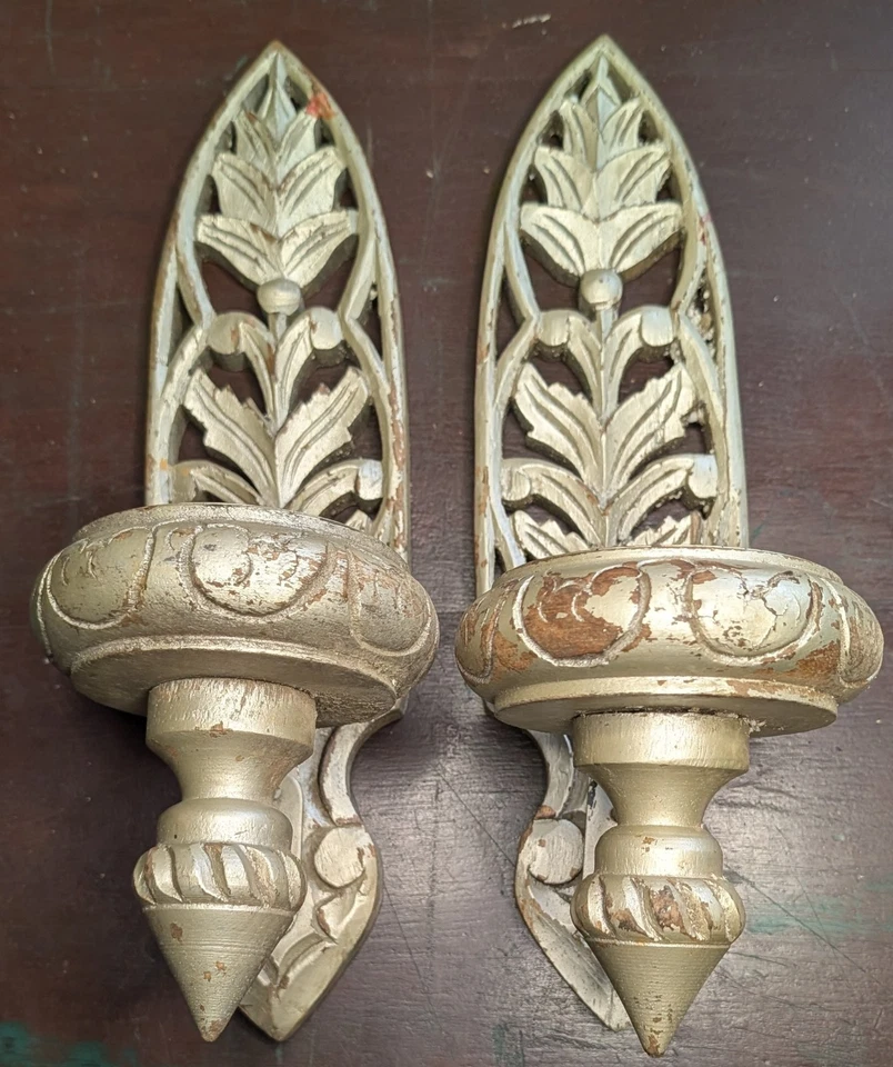Vintage Gothic Hand Carved Wooden, Candle Wall Sconce Holders, Repurpose  - Image 1 of 4
