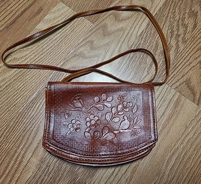 Tooled Leather Saddle Crossbody Purse Bag Embossed Birds Flowers April Cornell - Image 1 of 4
