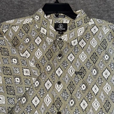 Volcom Scaler Stone Woven Shirt Mens Large Olive Green Geometric Print New - Image 1 of 4