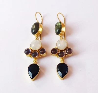 Impresionante Pendiente Colgante Chapado en Oro Variedad de Piedras Semipreciosas Diseñador Foto 1 de 4