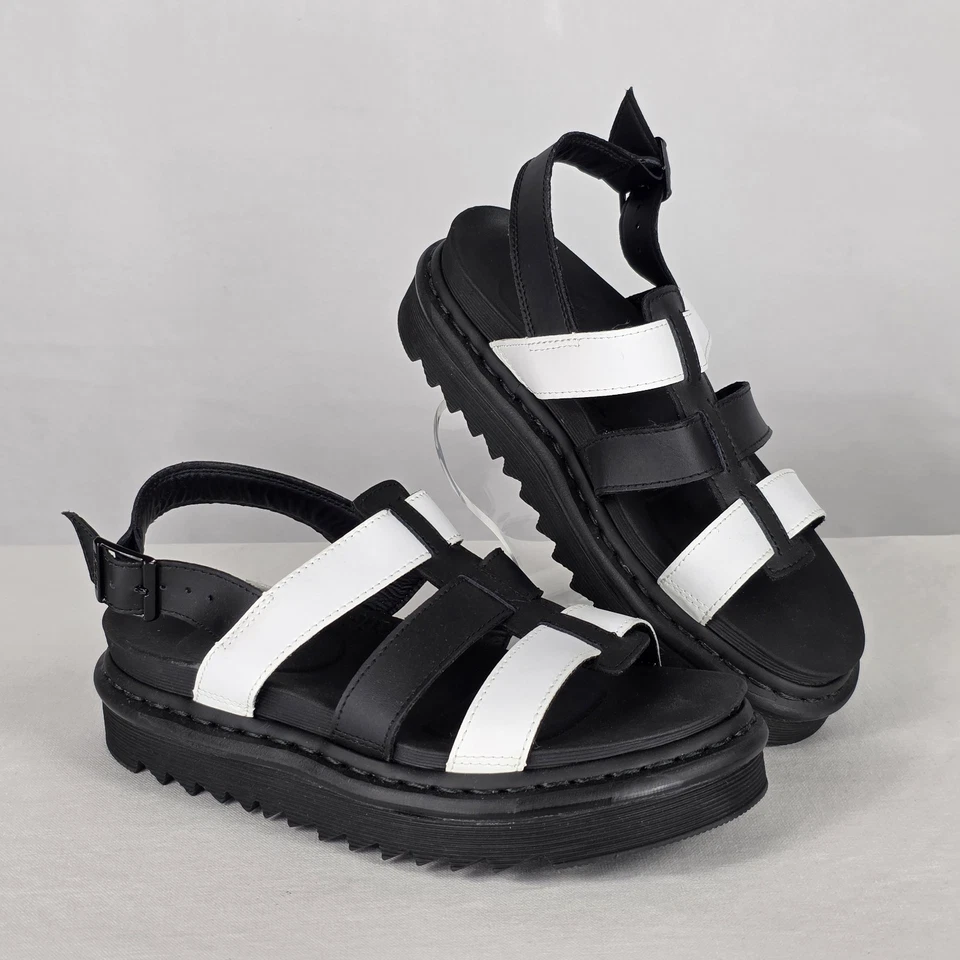 Sandalias Dr Martens Talla 8 Yelena Negro Blanco Cuero Plataforma Gruesas Tiras Foto 1 de 4