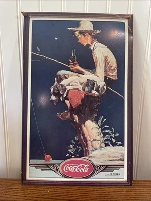 Vintage Coca Cola Co. Coke Metal Sign Norman Rockwell 15" x 9.5" 1989 Fishing - Image 1 of 4