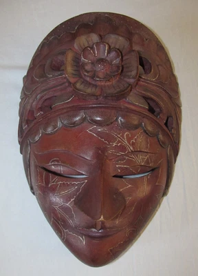 Vintage Tribal Art Mask Indonesian Batik Wooden Hand Carved Wall Hanging - Image 1 of 4