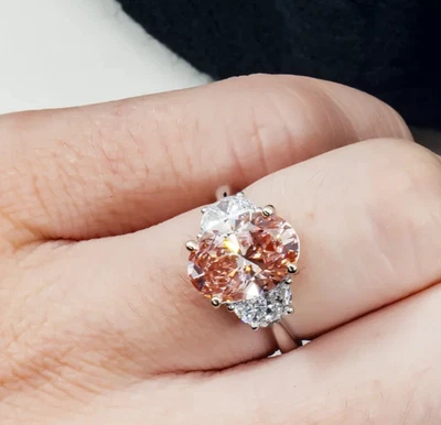 5Ct Oval Cut Lab Grown Fancy Vivid Pink Diamond Three Stone Ring 14k White Gold - Image 1 of 4