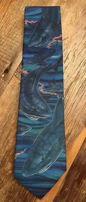 90’s Vintage Shark Tie Necktie Blue Designed by Blaine Heilman for Sea World EUC - Image 1 of 4