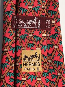 Hermes Tie 7296 EA, Bamboo Trees On Red, 100% Silk, Excellent Condition