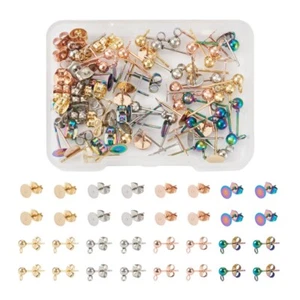 1 Box Ball Flat Round 304 Stainless Steel Stud Earring Findings with  Ear Nuts - Picture 1 of 12
