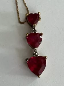 Lab Ruby & Diamond 10k Gold 3 Heart Pendant & 22 “ Chain  - Picture 1 of 3