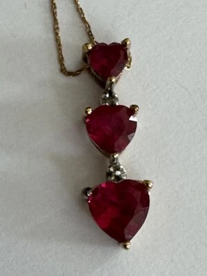Lab Ruby & Diamond 10k Gold 3 Heart Pendant & 22 “ Chain  - Image 1 of 3
