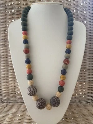 Damenkette  Statement Halskette Lang  Bunt Modeschmuck Perlenkette Holz Stein - Bild 1 von 4