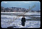 Girl Sled Snow City View 35mm Slide 1940s Red Border Kodachrome