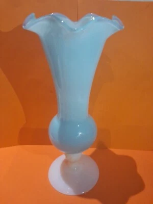 Ancien Grand Vase Opaline Bleu Pied Blanc années 1960 Made In Italie HT 29 cm - Photo 1/4