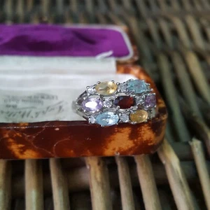 925 Sterling Silver Ring, Multi Gemstones, Size P.5 US 7.75, Topaz,  Garnet - Picture 1 of 8
