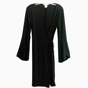 Vintage La Belle Wrap Dress Size Medium Black Flare Sleeve 70s Disco Goth Witchy - Picture 1 of 7