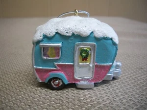 Blue Pink Snow Covered Pull Along Camper Trailer Hanging Christmas Ornament NWT - Picture 1 of 6