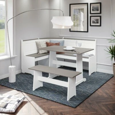 3 pc White Gray Top Breakfast Nook Dining Set Corner Booth Bench Kitchen Table - Image 1 of 4